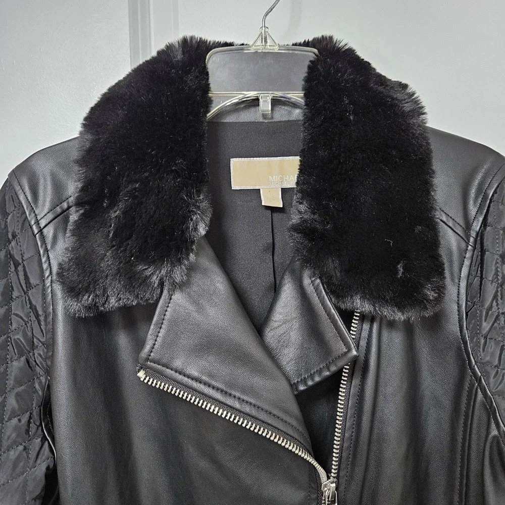 Michael Kors Jacket Women 14 Black Faux Leather Moto Faux Fur Quilted Bikercore